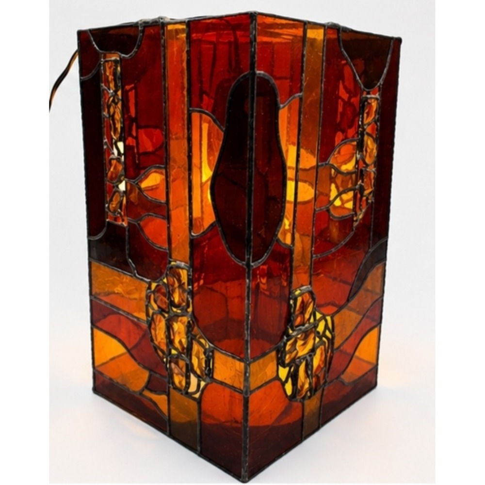 VTG Leviton Tiffany Style Stained Glass Light Hanging Lamp Amber Orange Rare